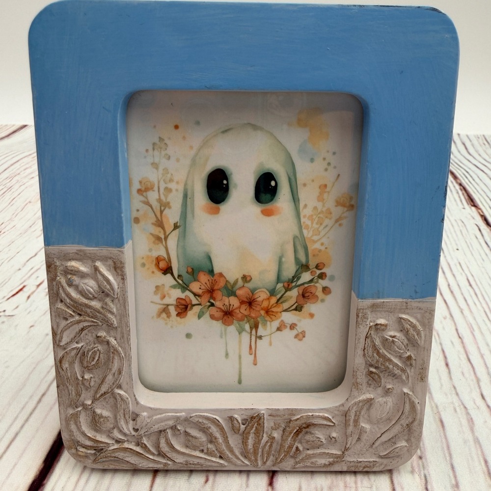 Original Cute Ghost Floral Art in Blue Thrifted‎ Weston Gallery Frame 4x5